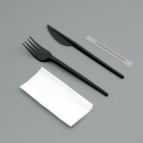 Набор одноразовой посуды "Вилка, нож, салф.бум., зубочистка" черный цвет, 16,5 см (25 набор)