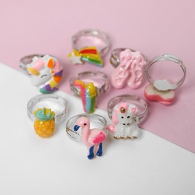 Набор детских колец "Мишка" фламинго и единорожки, 8шт, форма МИКС, цветные