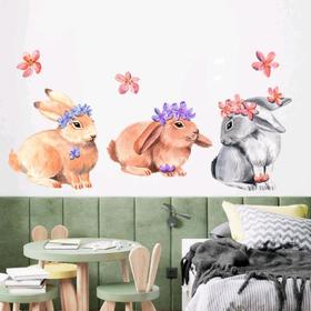 Наклейка пластик интерьерная цветная "Милые кролики с цветочками" 30х90 см