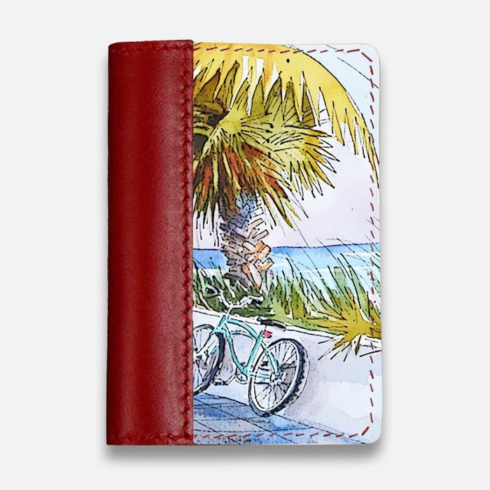 Обложка на паспорт комбинированная "Велосипед у моря", красная - фото 1773023