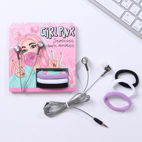 Headphones and gum for hair on a postcard 