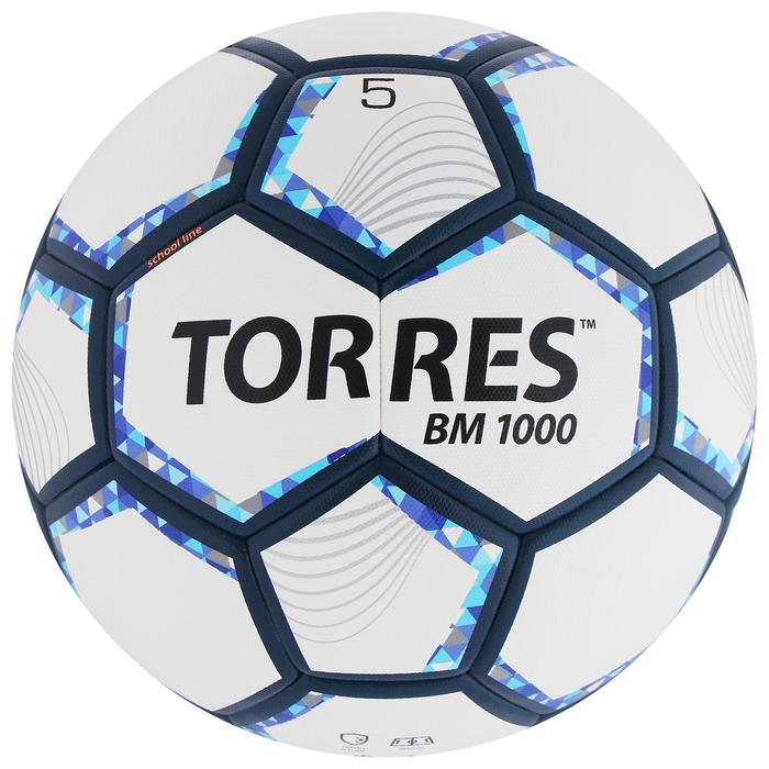 Мяч футбольный TORRES BM 1000, размер 5, 32 панели, мягкий PU, термосшивка, цвет белый/серебряный/синий - фото 8768710