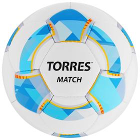 Мяч футбольный TORRES Match, размер 5, 32 панели, PU, 4 подкладочных слоя, ручная сшивка, цвет белый/синий/жёлтый