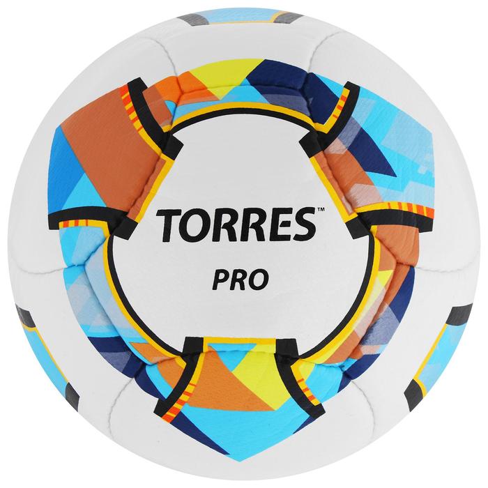Мяч футбольный TORRES Pro, размер 5, 14 панелей, PU, 4 подкладочных слоя, ручная сшивка, цвет белый/синий/жёлтый - фото 282723201