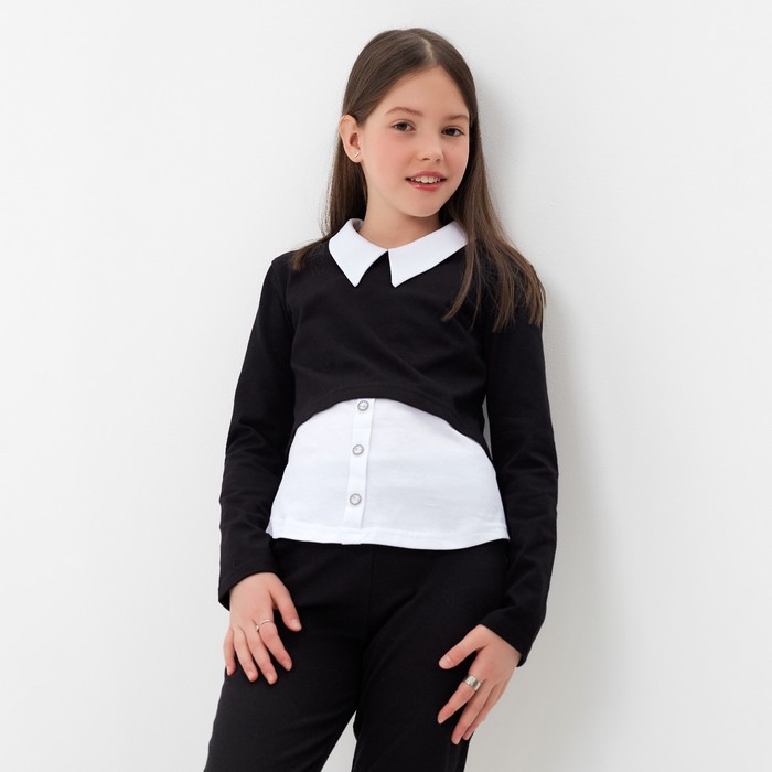 Школьная блузка для девочки, цвет чёрный/белый, рост 146 см - фото 1859819