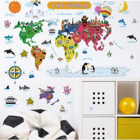 Наклейка пластик интерьерная цветная "Карта мира с животными" 30х90 см набор 2 листа