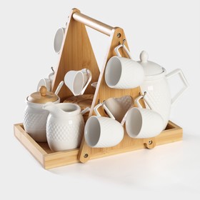 Набор кофейный Доляна «Эстет», 15 предметов, чайник, кружки, сахарница с ложкой, молочник, блюдца, на деревянной подставке