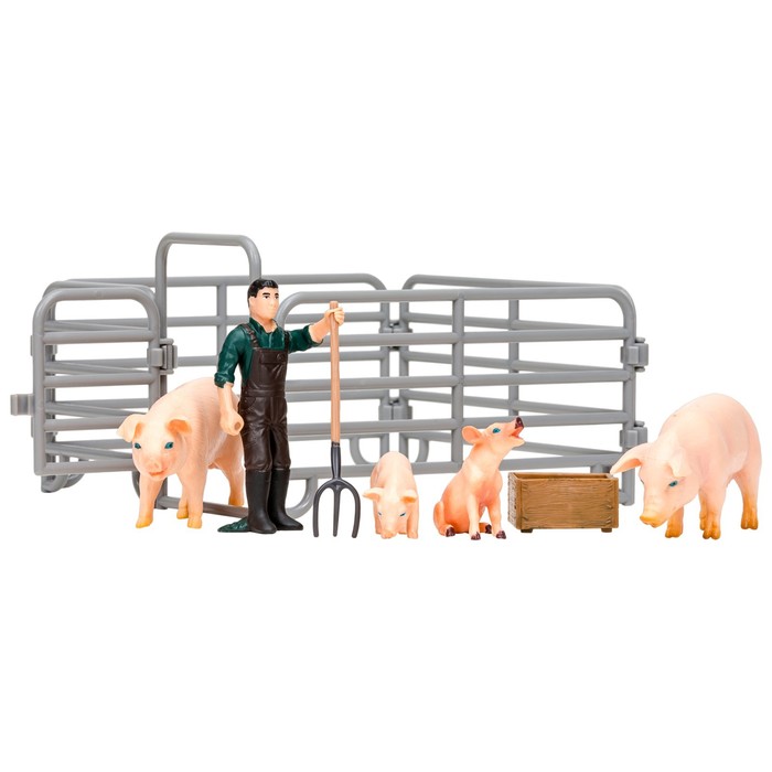 Набор фигурок, 8 предметов: фермер, семья свиней, ограждение-загон, инвентарь - фото 1881270