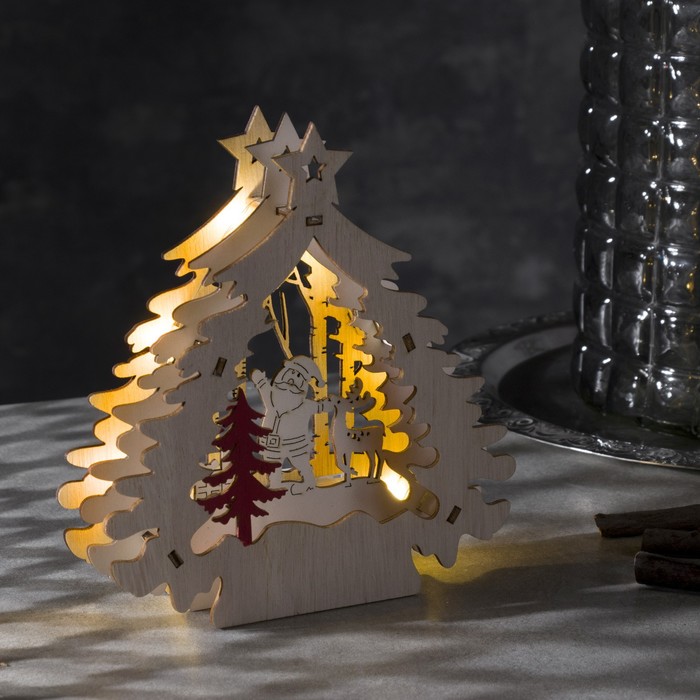 Светодиодная фигура «Ёлка с Дедом Морозом» 16 × 17 × 5 см, дерево, батарейки АААх2 (не в комплекте), свечение тёплое белое - фото 9254318