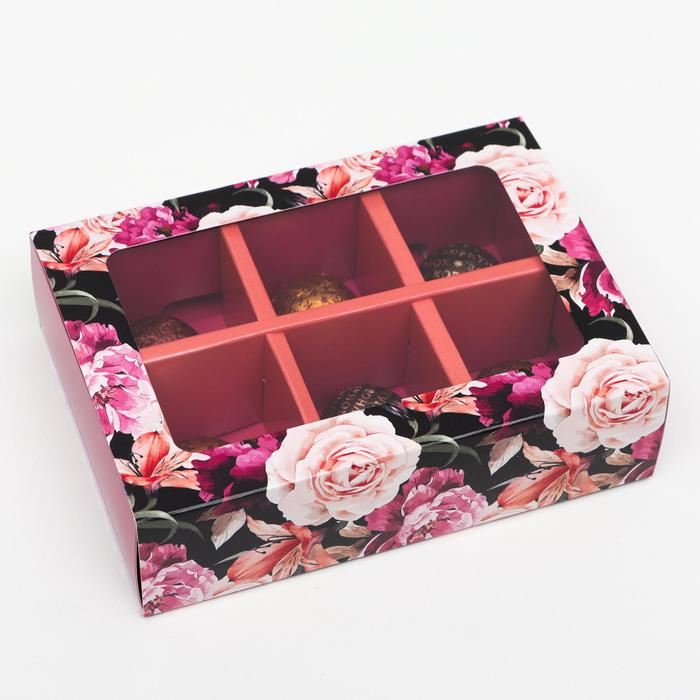 Коробка для конфет 6 шт, "Темные розы", 13,7 х 9,85 х 3,86 см - фото 9254497
