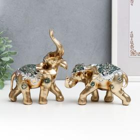Сувенир полистоун "Золотистые слоны с цветами на попоне" н-р 2 шт 15х7,5х12,5, 8х7,5х12,5 см   68592