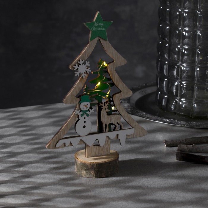 Светодиодная фигура «Ёлка со снеговиком» 13 × 20 × 5 см, дерево, батарейки CR2032х1, свечение тёплое белое - фото 9275004