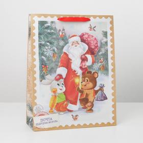 Пакет крафтовый вертикальный «Дедушка мороз и зверята», L 31 × 40 × 11.5 см