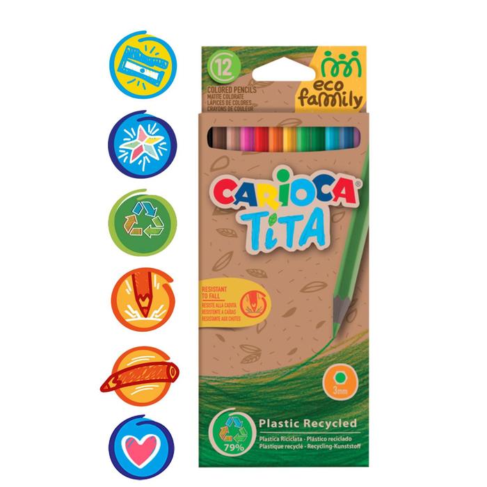 Карандаши пластиковые 12 цветов Carioca "Tita. EcoFamily" заточенные, картон, с заботой о природе, европодвес