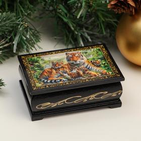 Шкатулка «Семья тигров», 6х9 см, лаковая миниатюра в Донецке