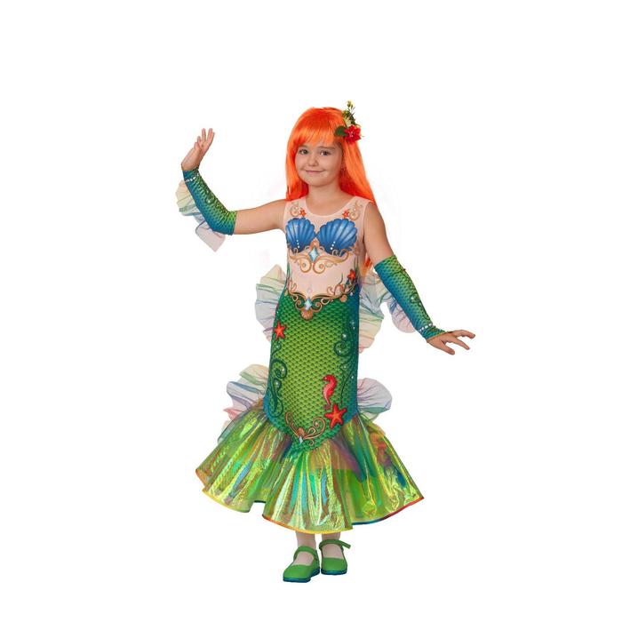 Карнавальный костюм «Русалочка», платье, перчатки-митенки, парик, брошь, р. 32, рост 128 см - фото 2880147