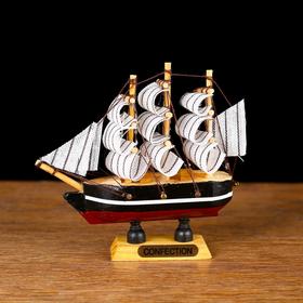 Ship souvenir small "three-masted", side black with a white stripe, sail white, 3 × 10 × 10 cm