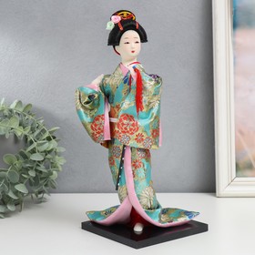 Кукла коллекционная "Гейша в бирюзовом кимоно с цветами" 32х13х13 см - фото 10362426