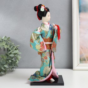 Кукла коллекционная "Гейша в бирюзовом кимоно с цветами" 32х13х13 см - фото 10362427
