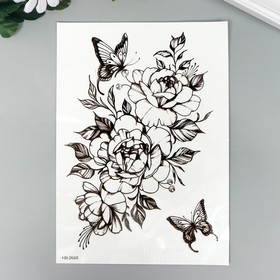 Татуировка на тело чёрная "Розы и бабочки с тенями" 21х15 см