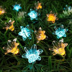 Гирлянда "Нить" 4.5 м с насадками "Цветы", тёмная нить, 30 LED, свечение жёлтое/аквамарин, 2 режима, солнечная батарея