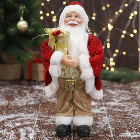Дед Мороз "В золотисто-красном костюме, с ремешком, с подарками" 15х30 см