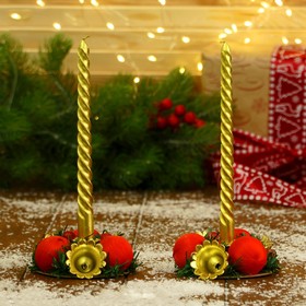 Свеча новогодняя с подсвечником "Шарик, бусина" (набор 2 шт) 14,5х20 см, красно-золотой