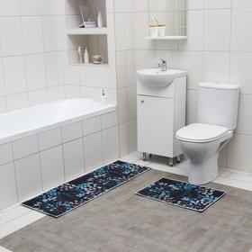 Набор ковриков для ванны и туалета Доляна «Лепестки», 2 шт: 40×60, 45×120 см, цвет синий