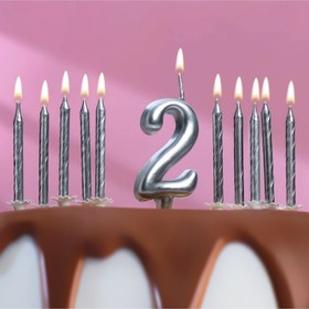 Набор свечей для торта (2 в 1) серебряная Цифра "2" + Свечи "С Днём Рождения" серебро 10шт, 7 см 715