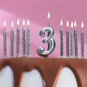 Набор свечей для торта (2 в 1) серебряная Цифра "3" + Свечи "С Днём Рождения" серебро 10шт, 7 см 715