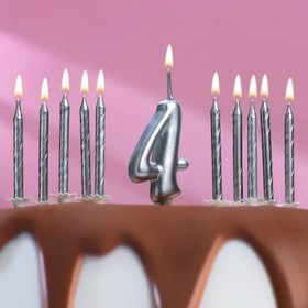 Набор свечей для торта (2 в 1) серебряная Цифра "4" + Свечи "С Днём Рождения" серебро 10шт, 7 см 715