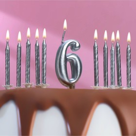 Набор свечей для торта (2 в 1) серебряная Цифра "6" + Свечи "С Днём Рождения" серебро 10шт
