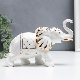 Сувенир керамика "Белый слон с попоной с кисточками" с золотом 17 см