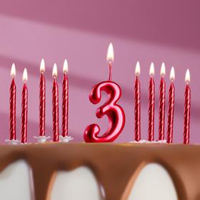 Набор свечей для торта (2 в 1) рубиновая Цифра "3" + Свечи "С Днём Рождения" рубин 10 шт, 7 см 71508