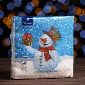 Новогодние салфетки бумажные Перышко Prestige 33х33 "Снеговик с подарком" 3сл 20л.