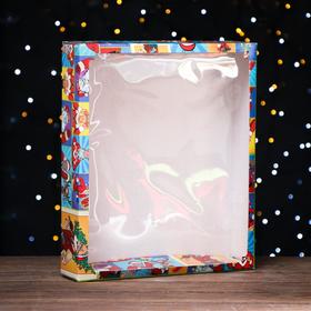 Коробка сборная крышка-дно с окном, "Pop-art новогодние супергерои", 37 х 32 х 7 см