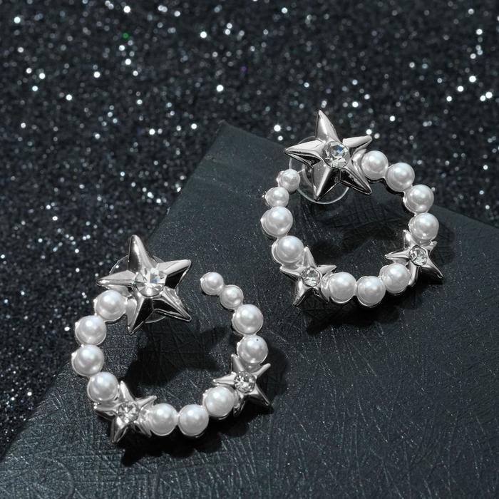 Серьги с жемчугом "Звёзды" кольцо, цвет белый в серебре - фото 3541759