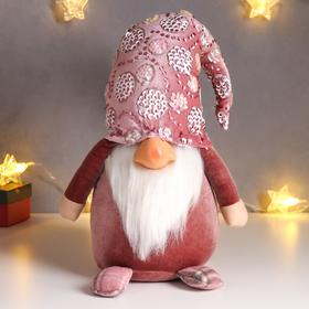 Кукла интерьерная "Дед Мороз в розовом бархатном комбинезоне и колпаке с цветами" 60х18х24см   62601