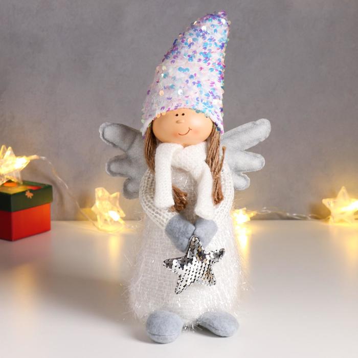 Кукла интерьерная "Ангел в серебристом наряде и колпаке с пайетками, со звездой" 40х13х14 см   62601 - фото 1207647