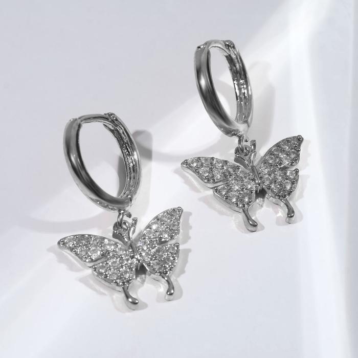 Серьги со стразами "Сказка" бабочки, цвет белый в серебре - фото 3557217