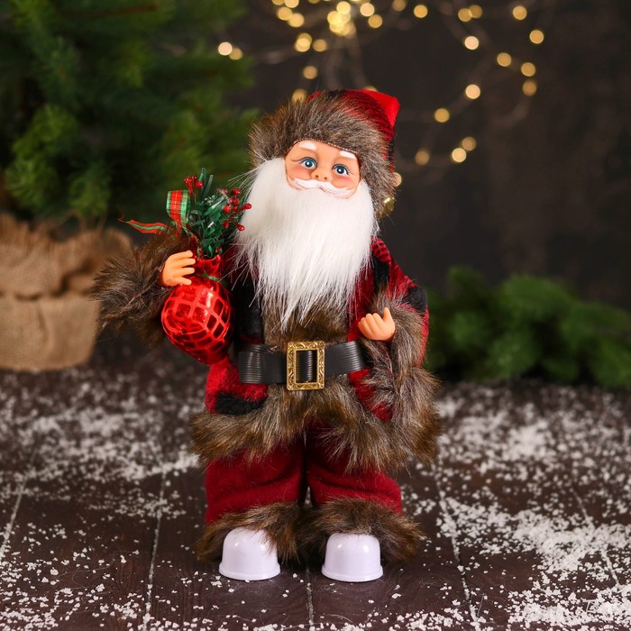 Дед Мороз "В меховом красном костюмчике, с мешком" двигается, 11х30 см - фото 800070623