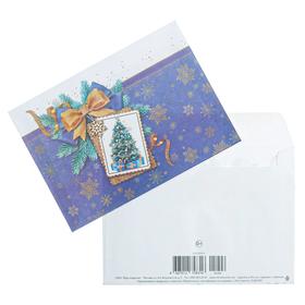 Конверт почтовый "Новогодний" елка, золотые снежинки, синий фон