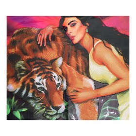 Алмазная вышивка с частичным заполнением «Девушка с тигром» 50x60 см, холст, ёмкость