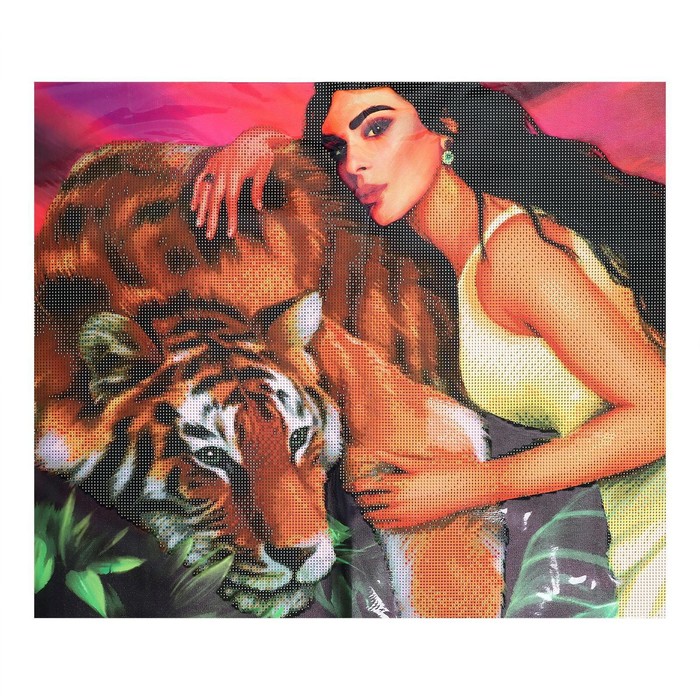 Алмазная мозаика с частичным заполнением «Девушка с тигром» 50x60 см, холст, ёмкость - фото 756964