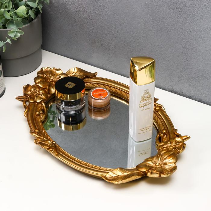 Подставка интерьерная полистоун с зеркалом "Золотые цветы" овальная 25х39 см - фото 8816969