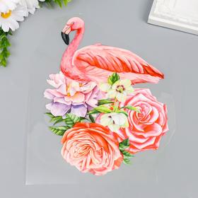 Термонаклейка "Розовый фламинго в цветах" 23х16 см