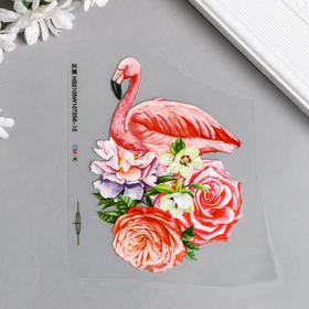 Термонаклейка "Розовый фламинго в цветах" 10х7 см