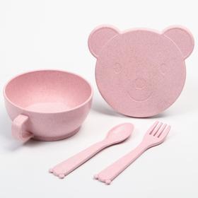 ЭКО посуда Bear (миска с крышкой, ложка и вилка) розовый, 330мл
