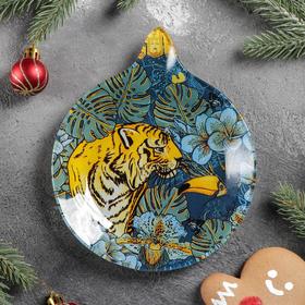 Блюдо стеклянное сервировочное Доляна «Ёлочная игрушка. Тигр в тропиках», 18×15,2 см