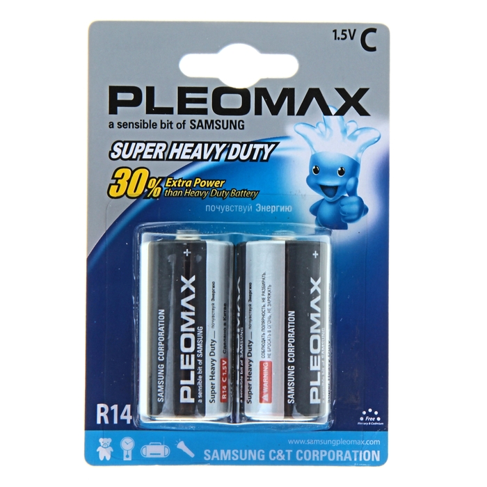 Батарейка солевая Samsung Pleomax Super Heavy Duty, С, R14-2BL, блистер, 2 шт.